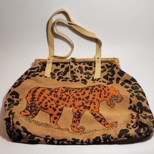 Vintage Handpainted Leopard Jute Burlap  Shoulder Bag Tote Bamboo Medium Size